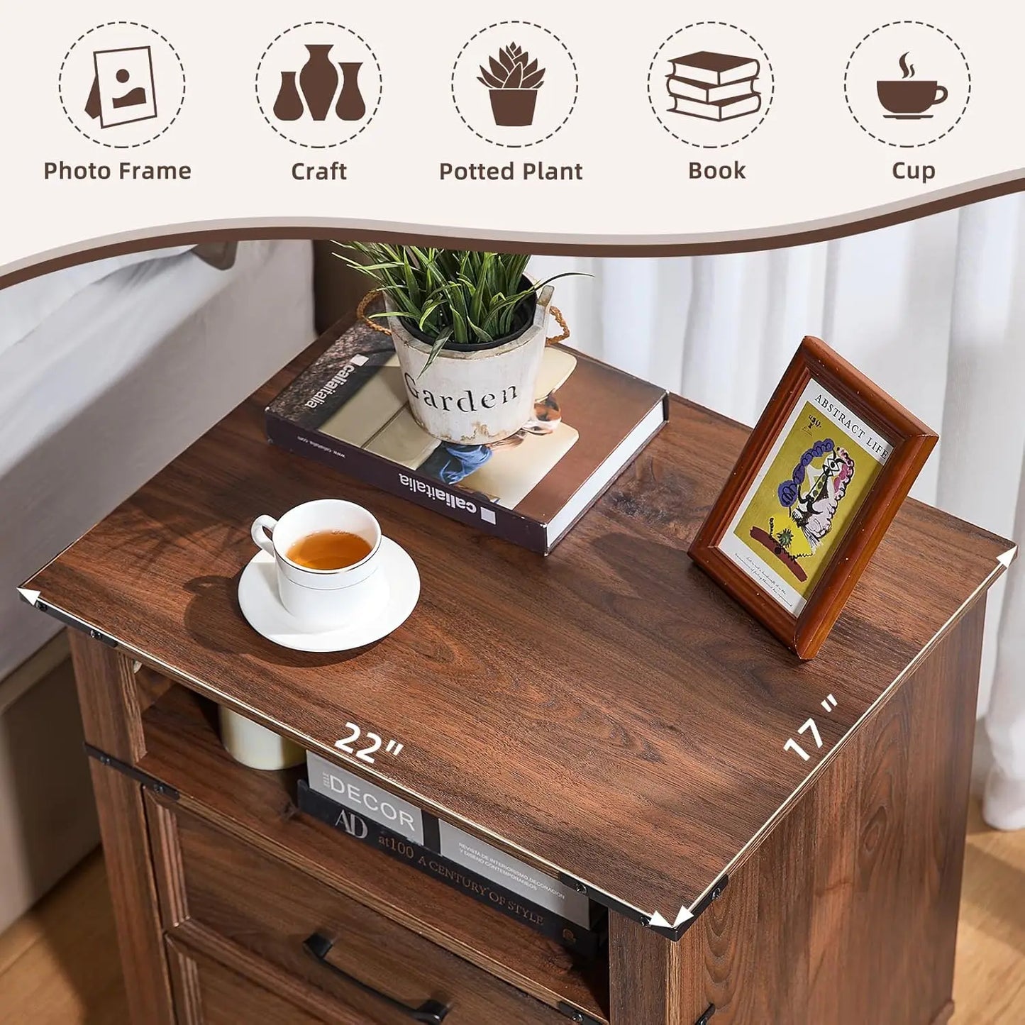 22" 2-Drawer Farmhouse Nightstand with Open Shelf for Bedroom Living Room Office, Brown, Customized