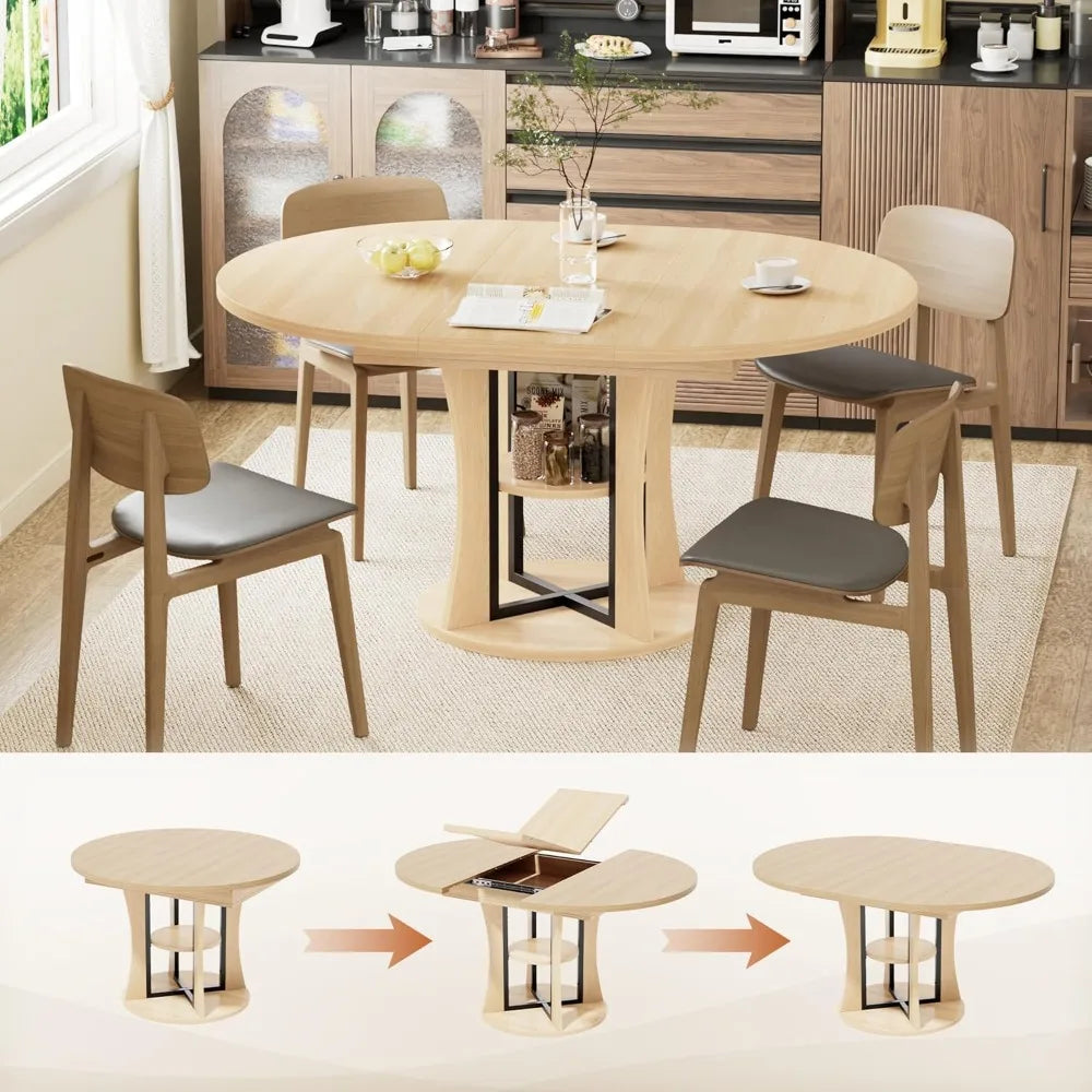 DAFIFY Extendable Round Dining Table For Four To Eight With Storage Shelf