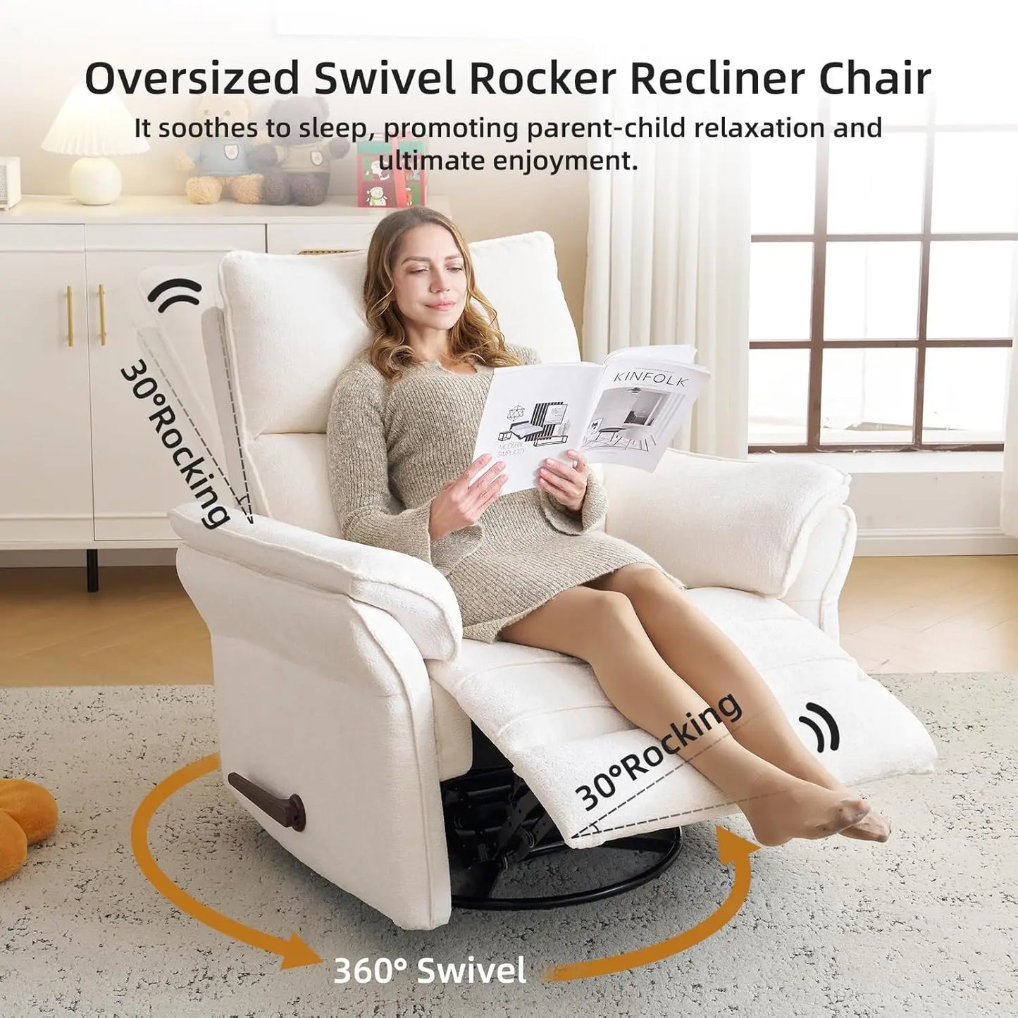 Recliner Chair 360 Degree Swivel Rocker With Adjustable Headrest Chenille