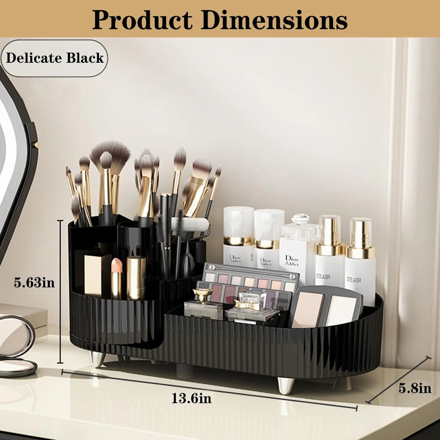 Rotating Makeup Organizer With Brush Holder For Vanity Storage