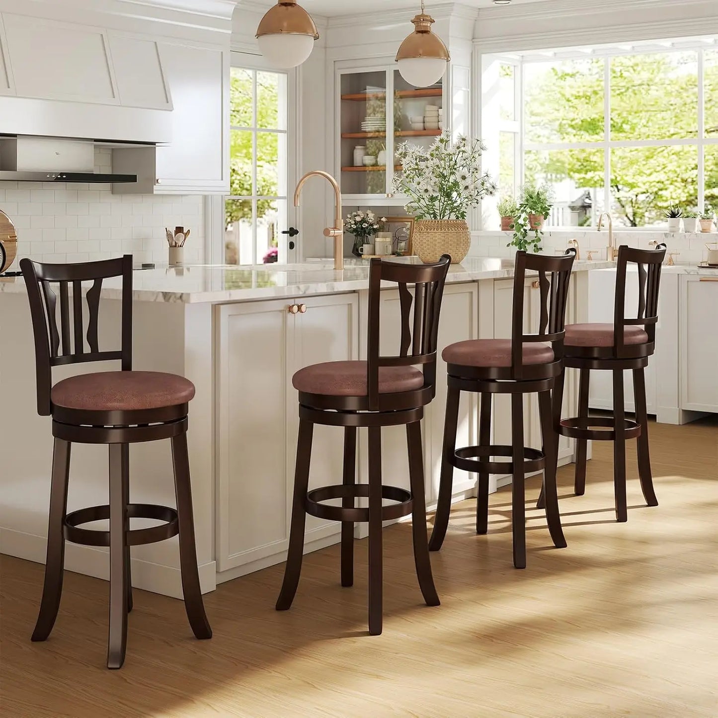 Bar Height Swivel Stools Set Of Four With Ergonomic Backrest