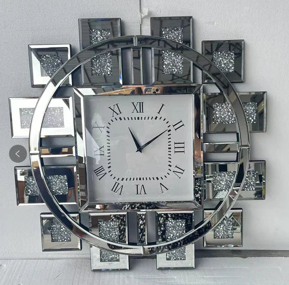 Wall Clock With Crushed Diamond Beveled Mirror Frame