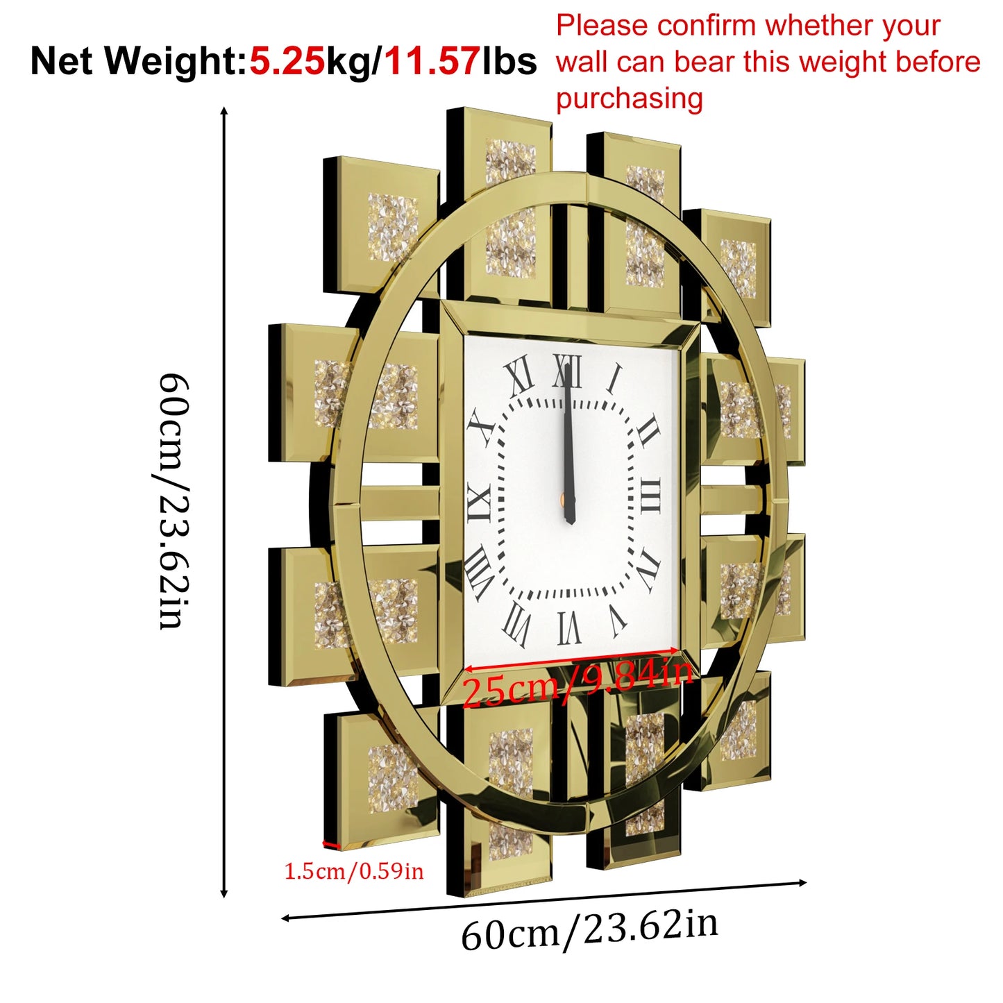 Wall Clock With Crushed Diamond Beveled Mirror Frame