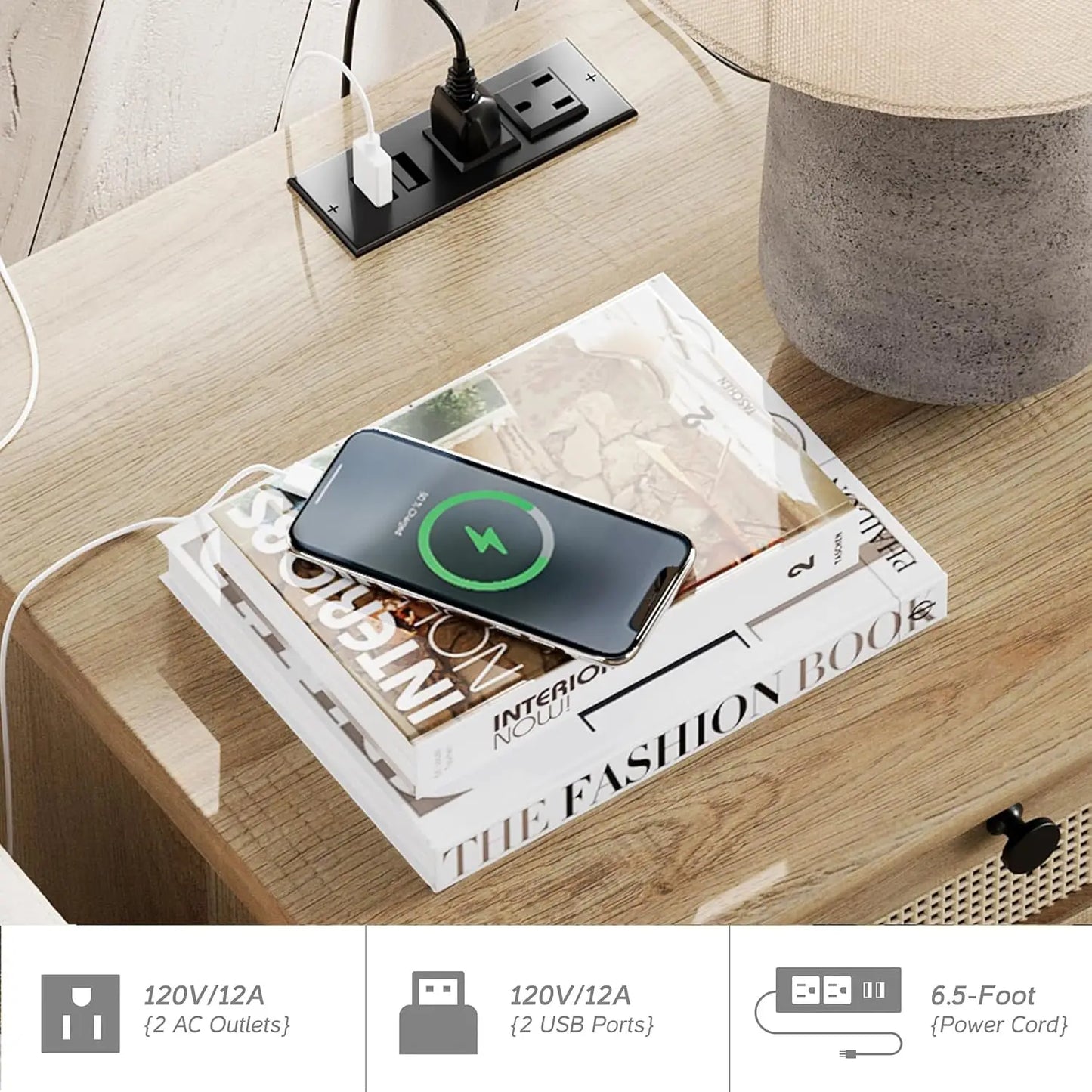 HUANZHUANG End Tables With Charging Station And Rattan Drawer Cabinet