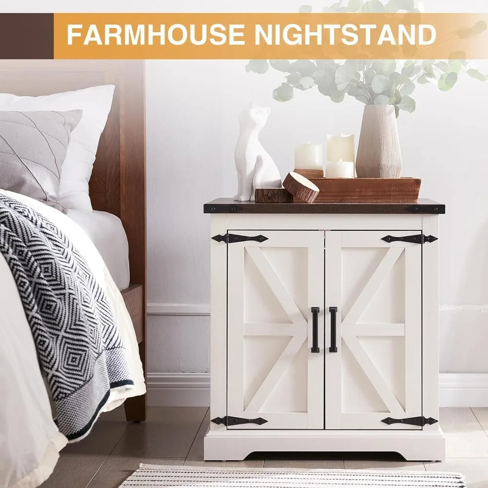 Farmhouse End Table with Charging Station,24" Large Side Table with Barn Door, Rustic Wood Square Nightstand, Customized