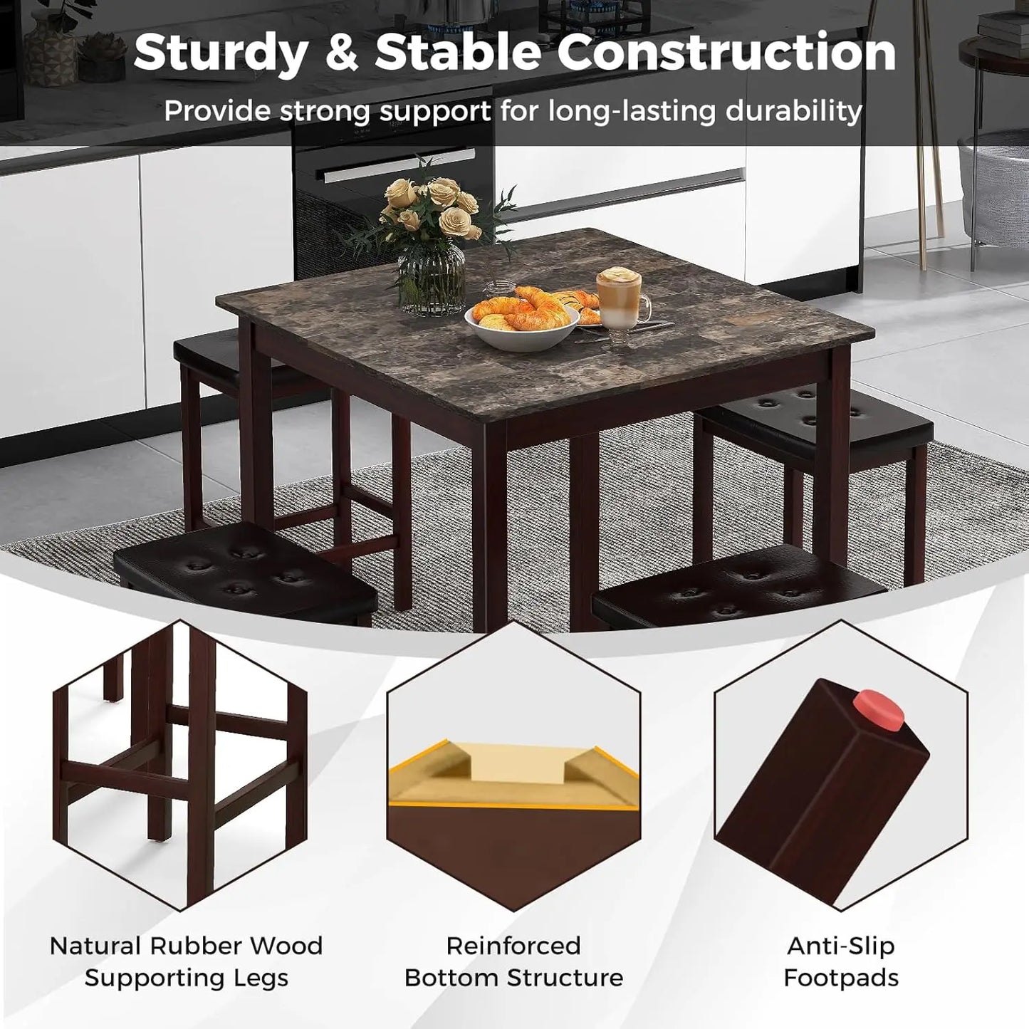 Counter Height Dining Table Set for 4 With Bar Stools and Wood Legs