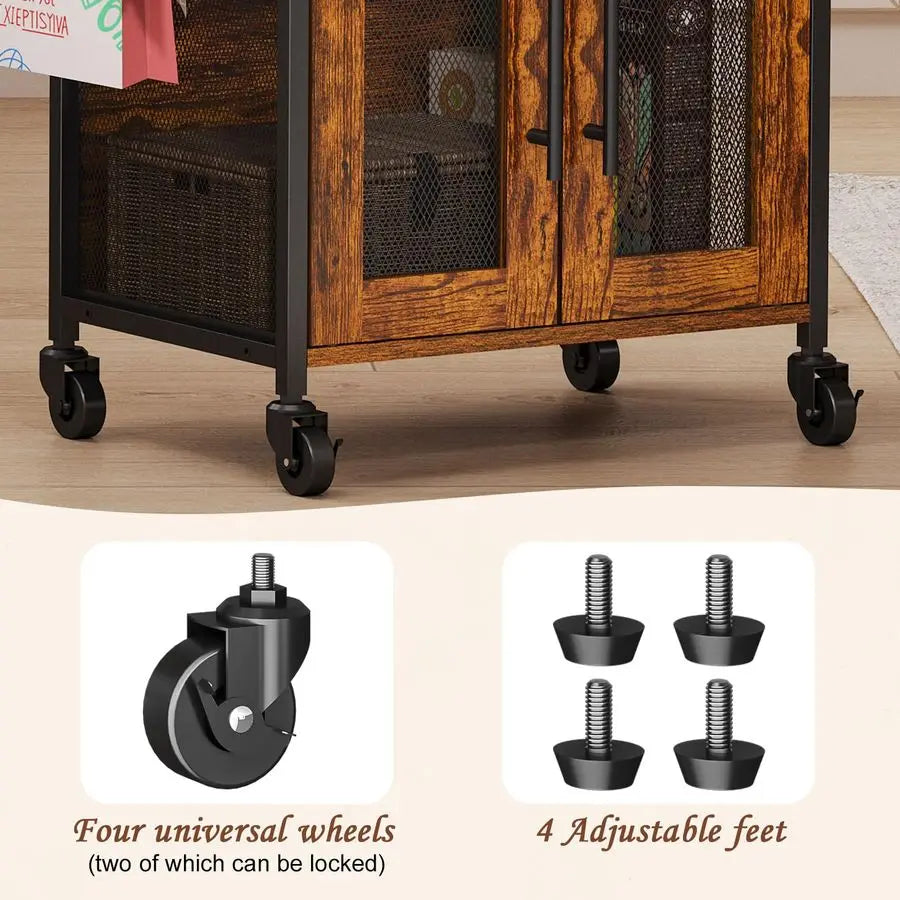 Farmhouse Compact Rolling Coffee Bar Cabinet With Storage And Two Doors