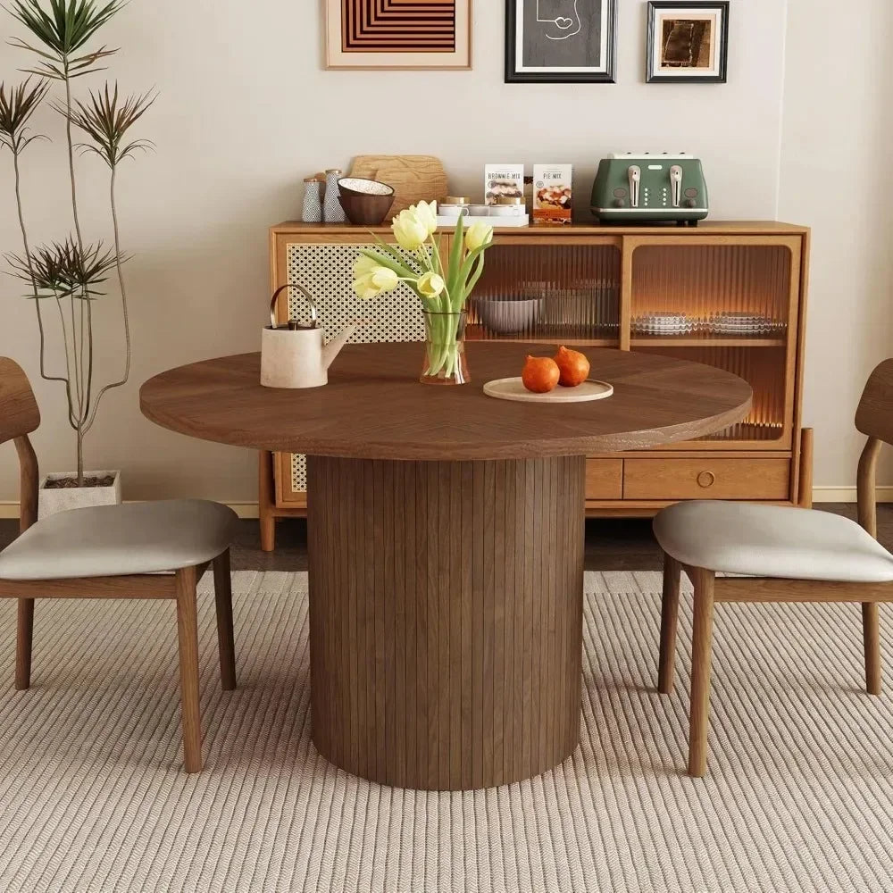 Modern Farmhouse Round Dining Table Wood Slat Base Seats Four