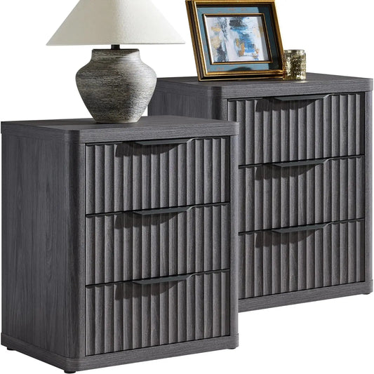 Fluted 3-Drawer Nightstand Set Large Bedside End Table Modern 25.6" Bedroom Living Room Office, Customized