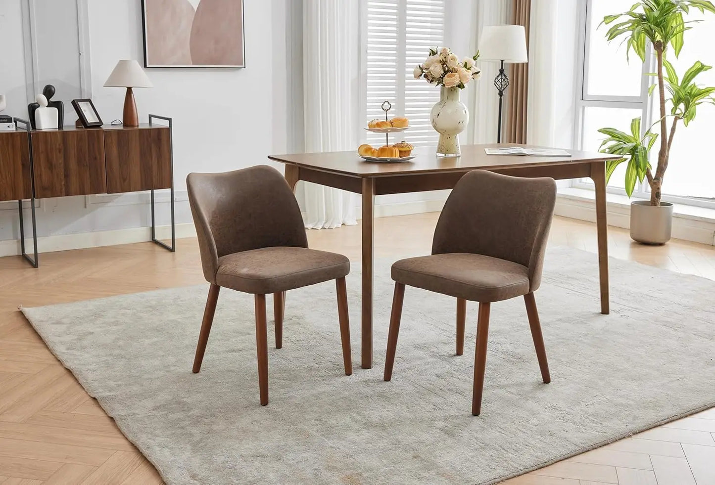 Dining Chair Set of 2, Leather Upholstered Dining Chair with Wood Legs, Wing Backrest, Wooden Kitchen Chair, Kitchen Chairs with