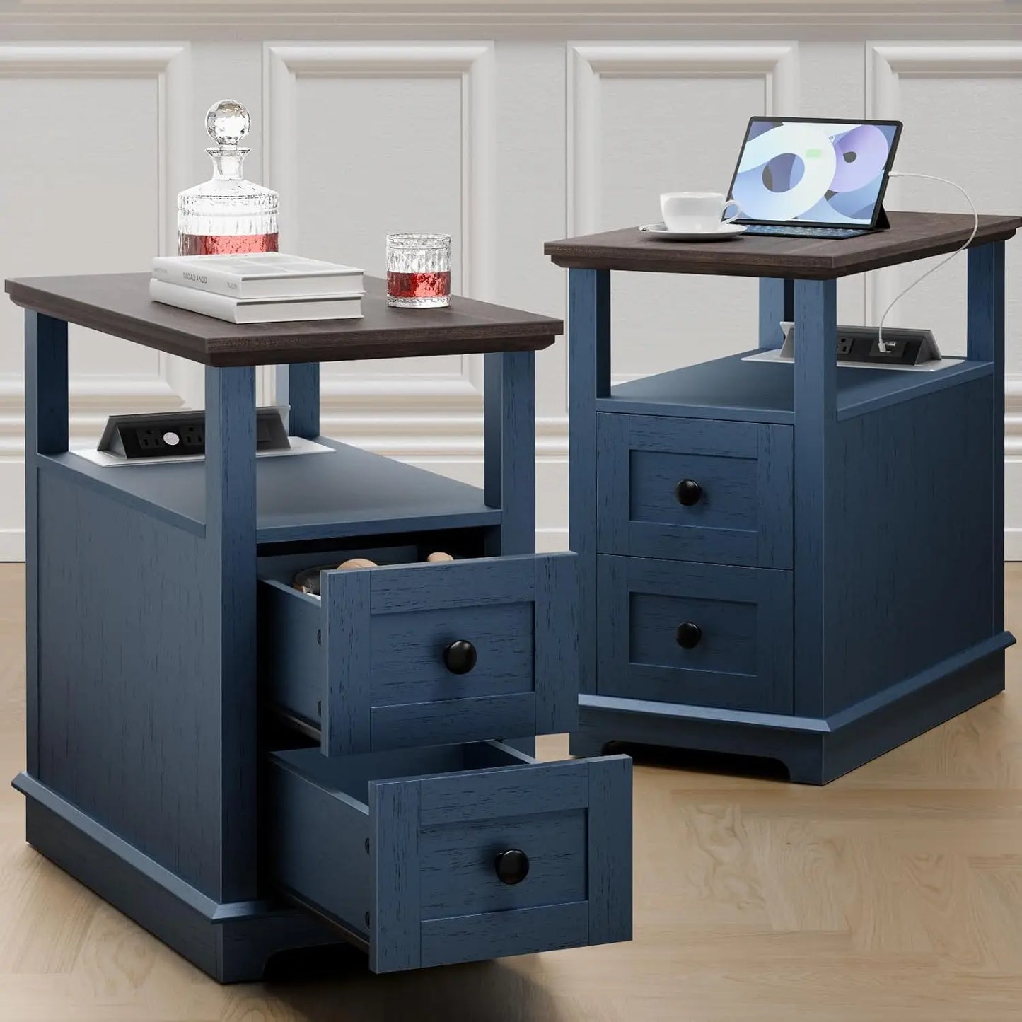 End Table with Flip Top Charging Station Set of 2, Narrow Side Table with 2 Drawers, Type-C & USB Port & Power, Customized