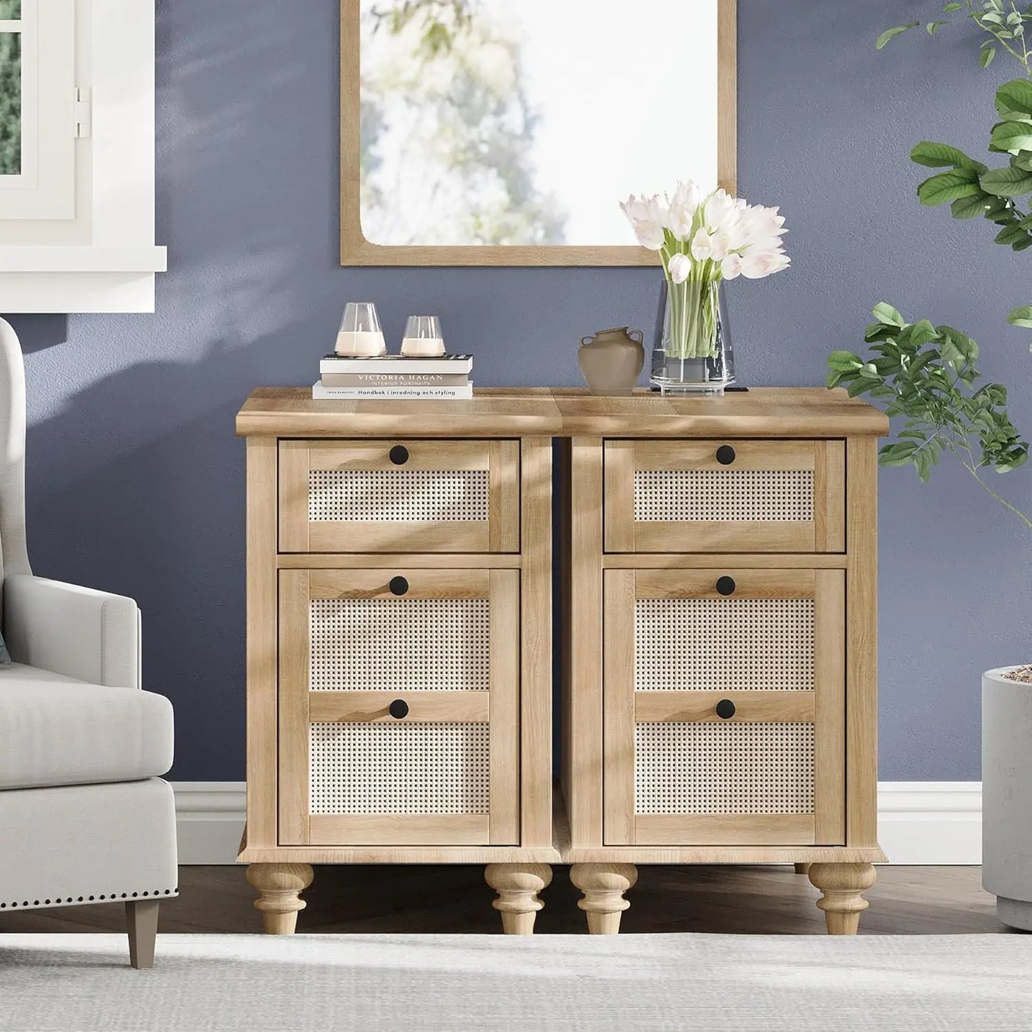 HUANZHUANG End Tables With Charging Station And Rattan Drawer Cabinet