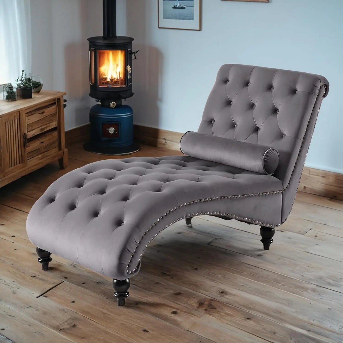 Velvet Upholstered Chaise Lounge Chair With Tufted Button Pillow