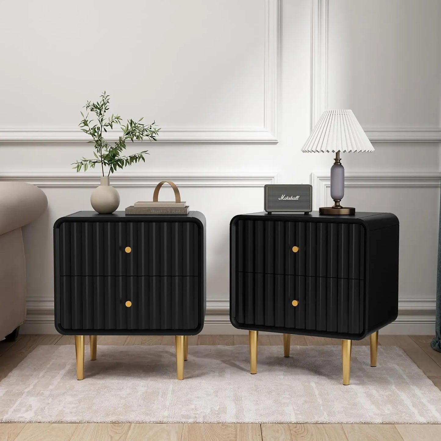 Modern Nightstand Set of 2 Fluted Bed Side Table with 2 Drawers Wood End Table with Gold Metal Handle for Storage，Customized
