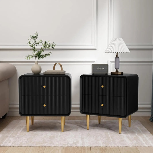 Modern Nightstand Set of 2 Fluted Bed Side Table with 2 Drawers Wood End Table with Gold Metal Handle for Storage，Customized