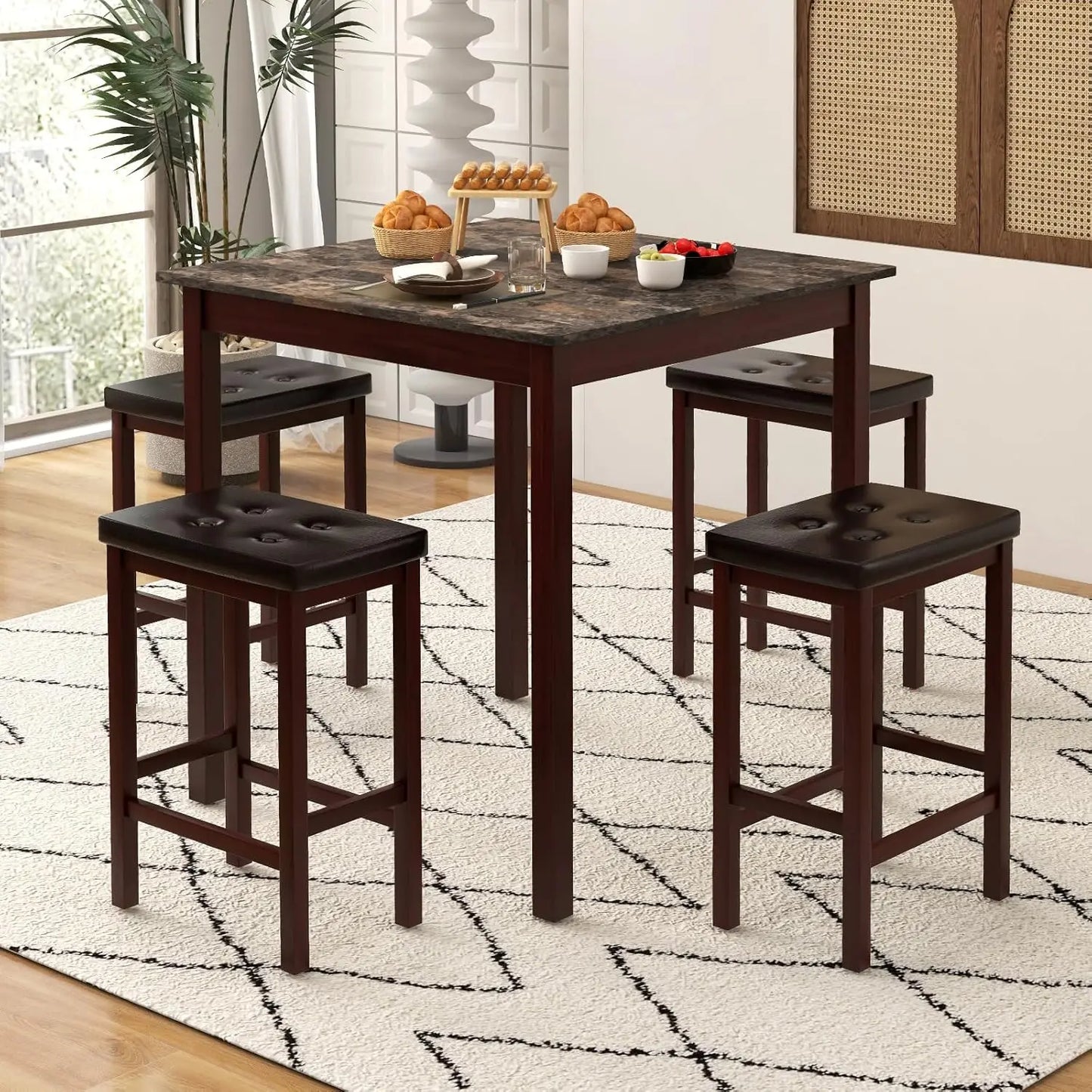 Counter Height Dining Table Set for 4 With Bar Stools and Wood Legs