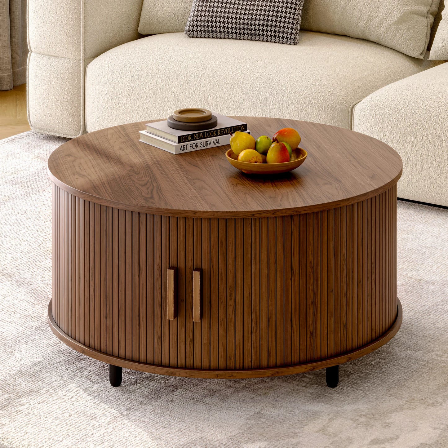 ONBRILLE Round Coffee Table With Storage And Fluted Wood Accent