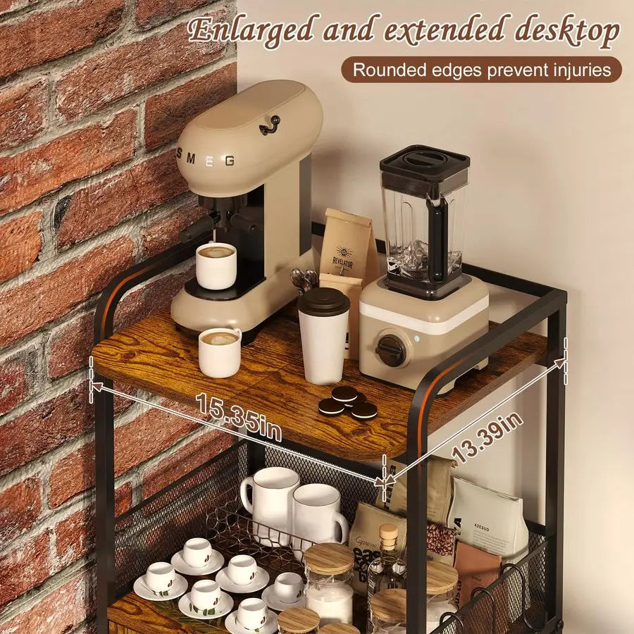 Farmhouse Compact Rolling Coffee Bar Cabinet With Storage And Two Doors