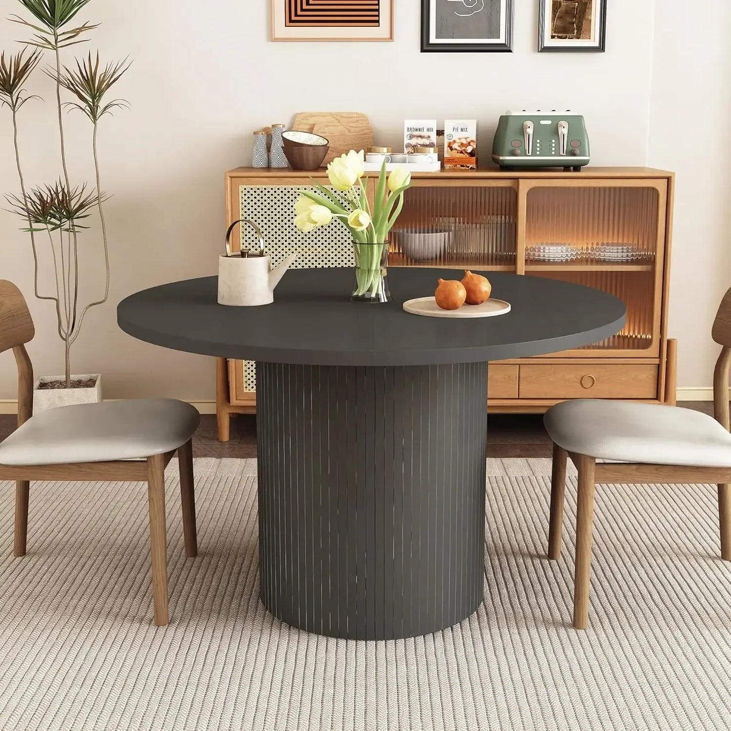 Modern Farmhouse Round Dining Table Wood Slat Base Seats Four