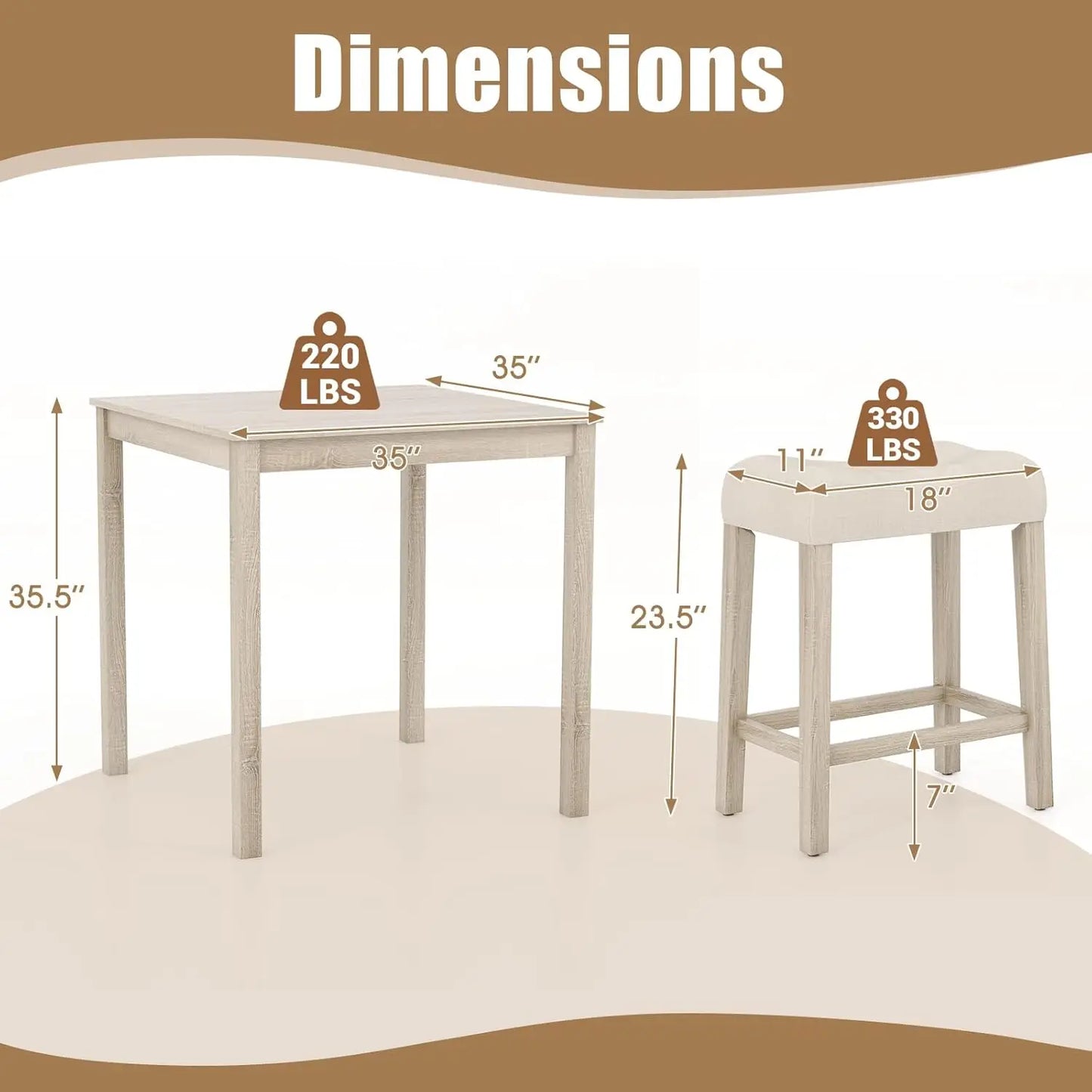 5-Piece Bar Table Set With Padded Stools And Rubber Wood Legs
