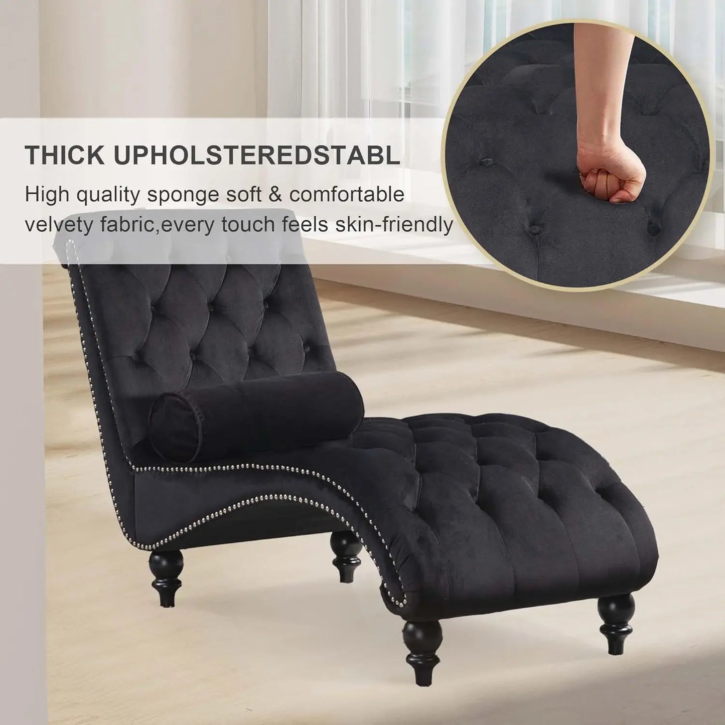 Velvet Upholstered Chaise Lounge Chair With Tufted Button Pillow