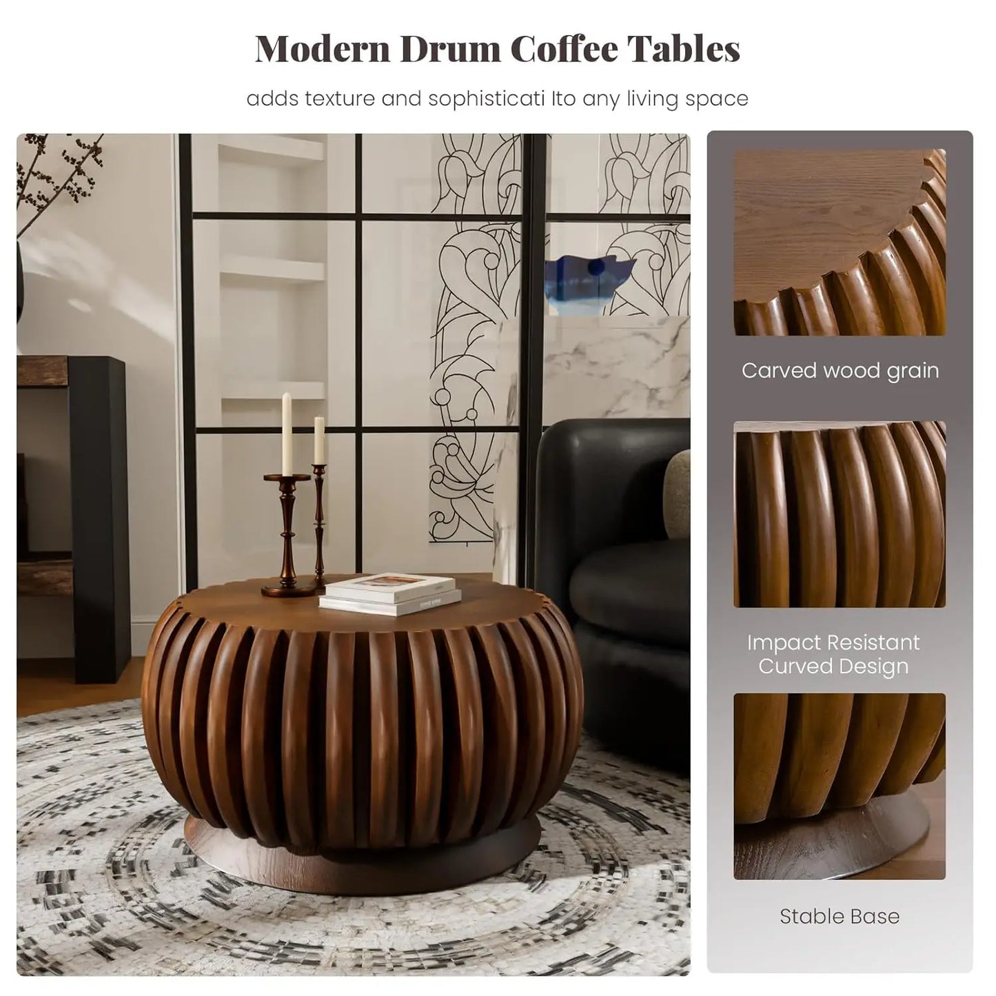 ZHUXIANG Modern Minimalist Fluted Drum Coffee Table Living Room