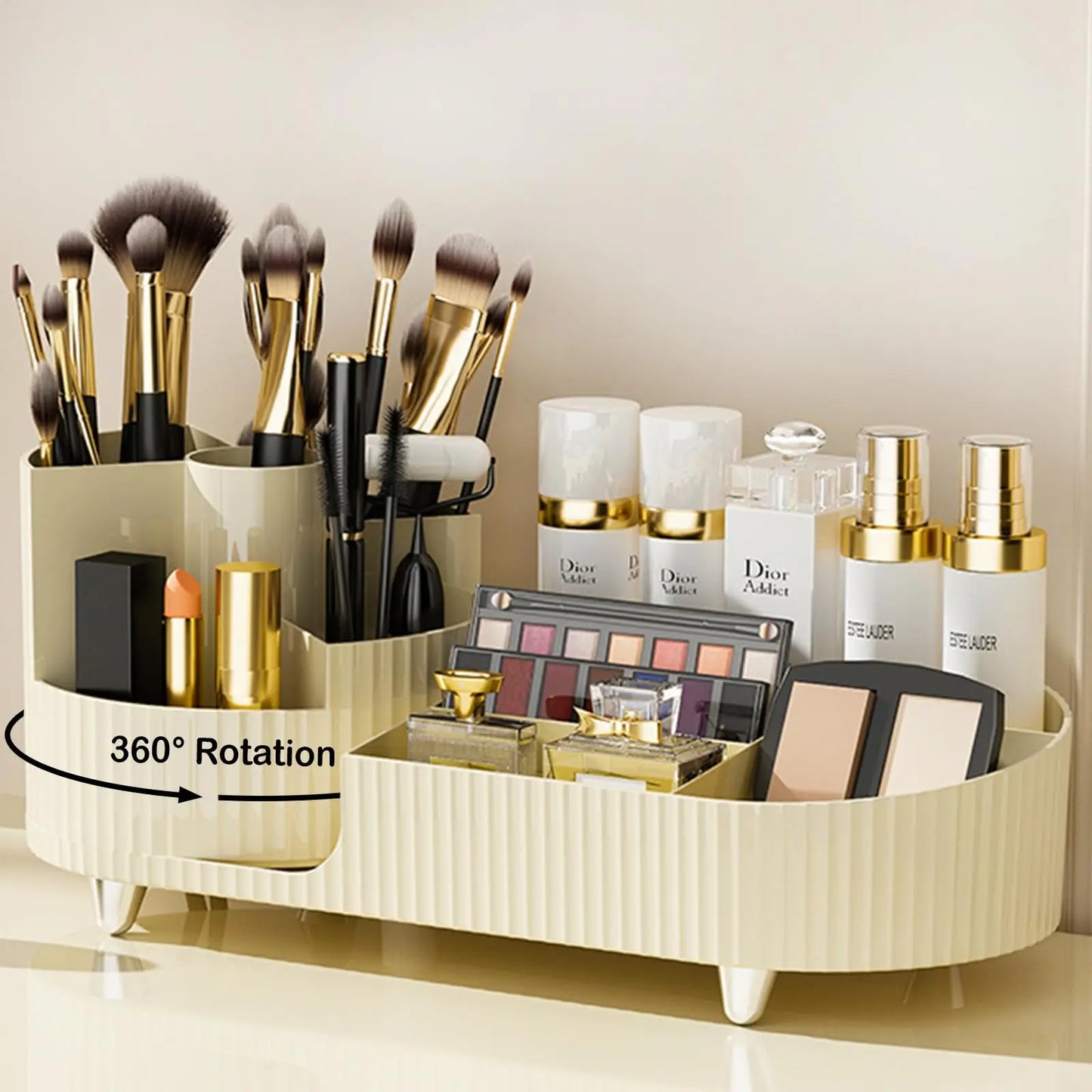 Rotating Makeup Organizer With Brush Holder For Vanity Storage