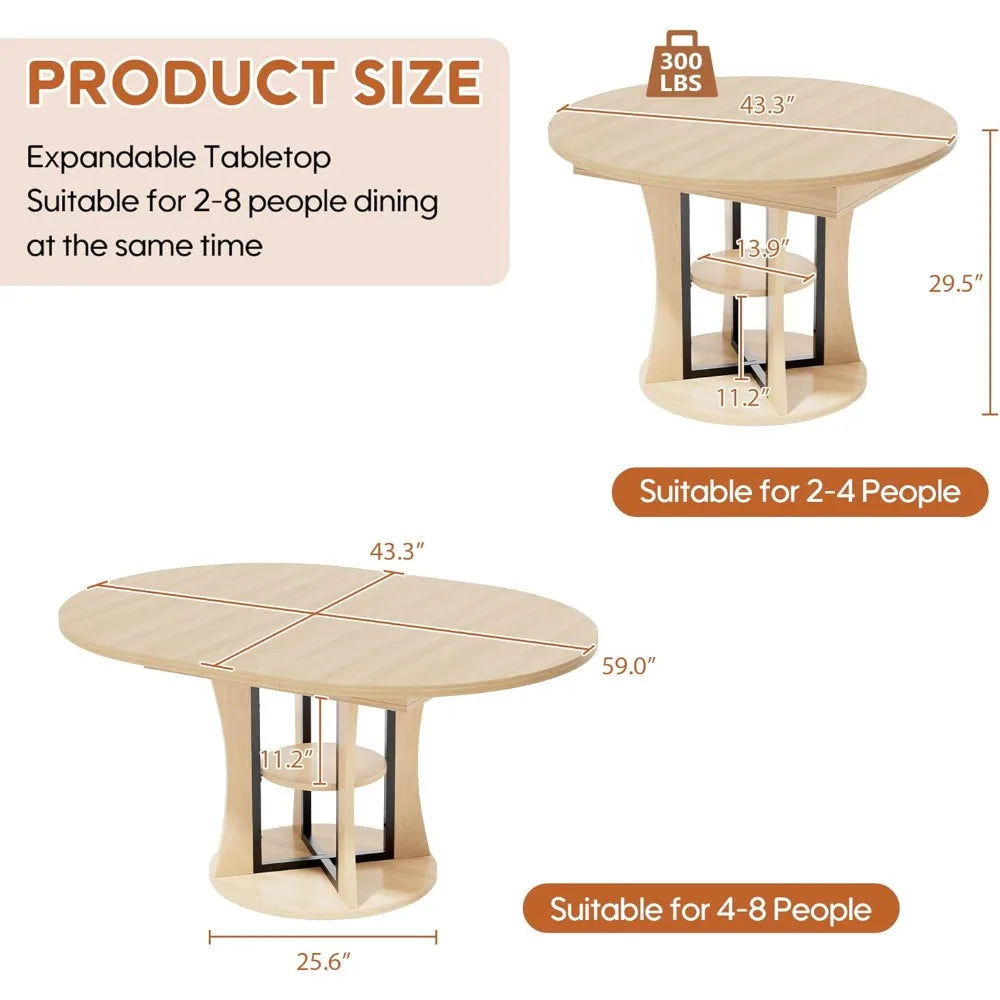 DAFIFY Extendable Round Dining Table For Four To Eight With Storage Shelf