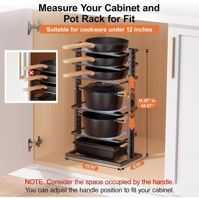 Heavy Duty 6-Tier Pot & Pan Organizer - Adjusts 14" to 24.57" for Under Cabinet, Holds Up to 12" Cookware