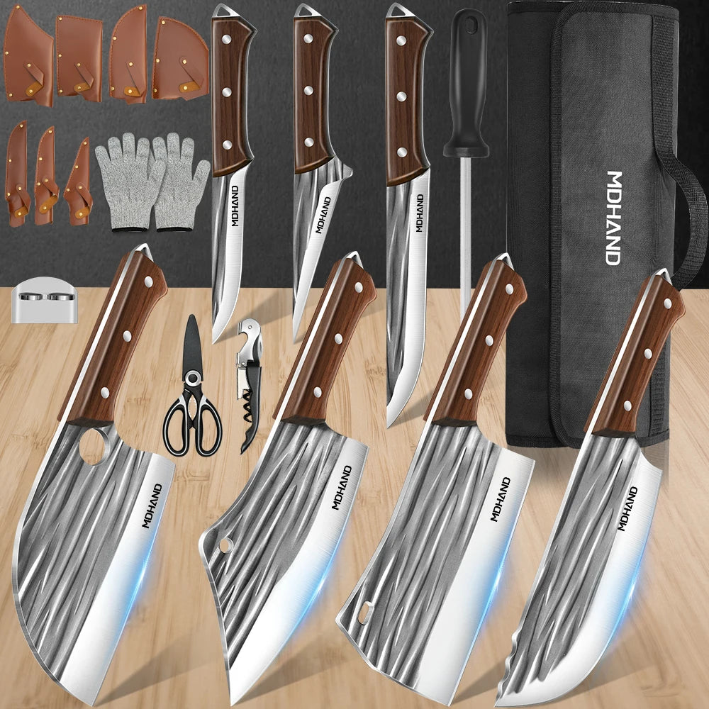 MDHAND 14 Piece Meat Cleaver Knife Set With Roll Bag