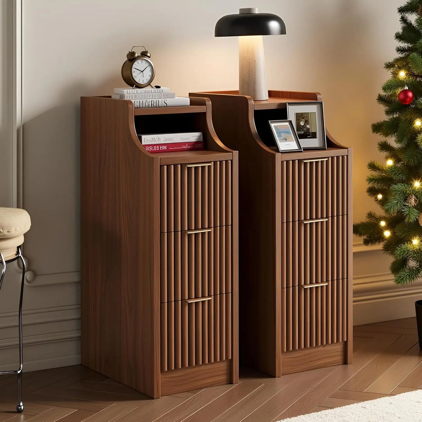 Narrow Nightstand Set of 2,11.8" Fluted Bedside Table Set of 2, Slim Side End Table with 2 Drawers, Wooden Bedside, Customized