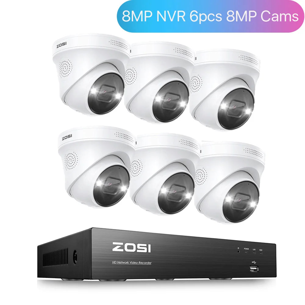 ZOSI 4K 8MP 5MP POE Video Surveillance Kit 8CH H.265 Home CCTV NVR Set Color Night Vision AI Detection IP Security Camera System