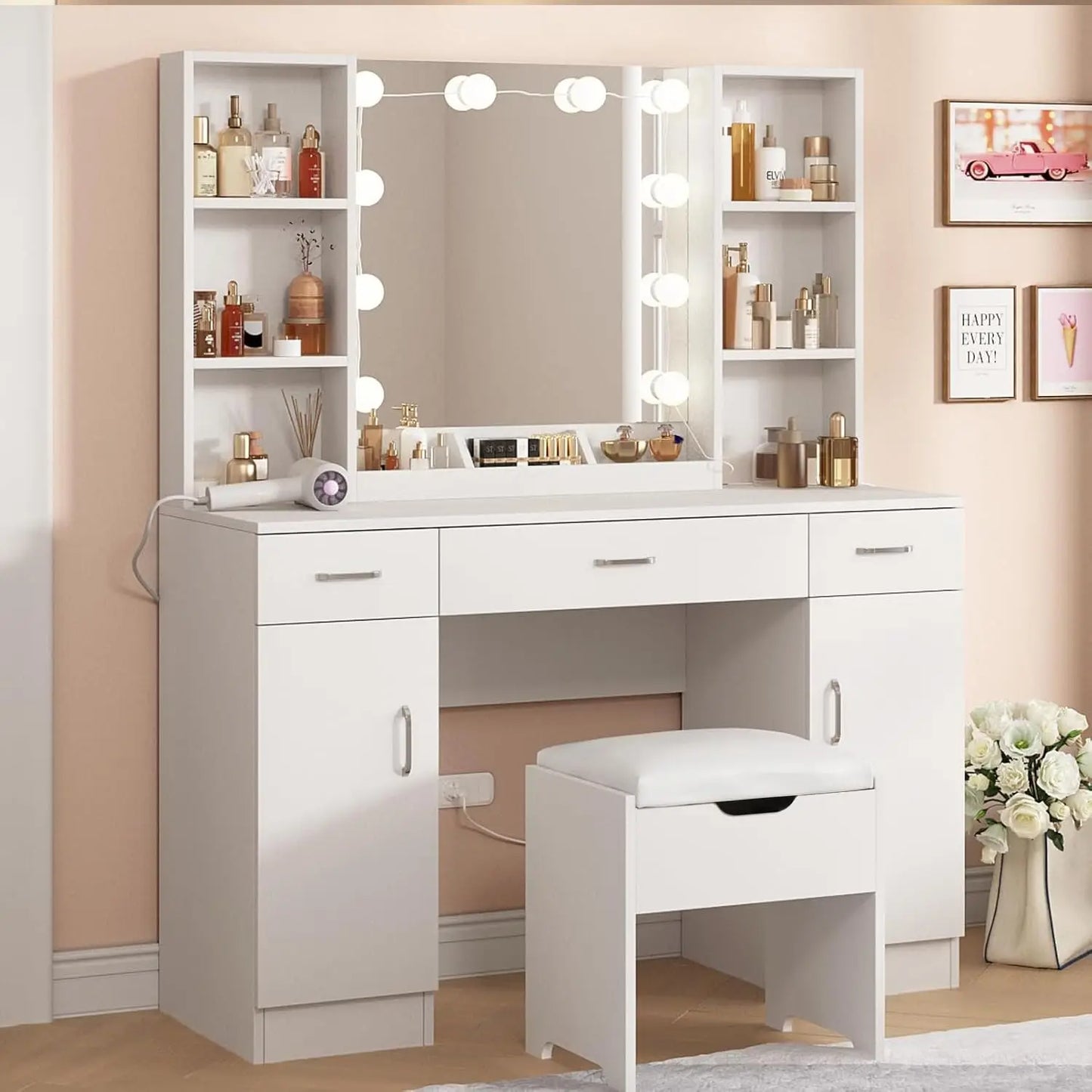 Vanity Desk With Mirror And Adjustable Lighting Makeup For Bedroom