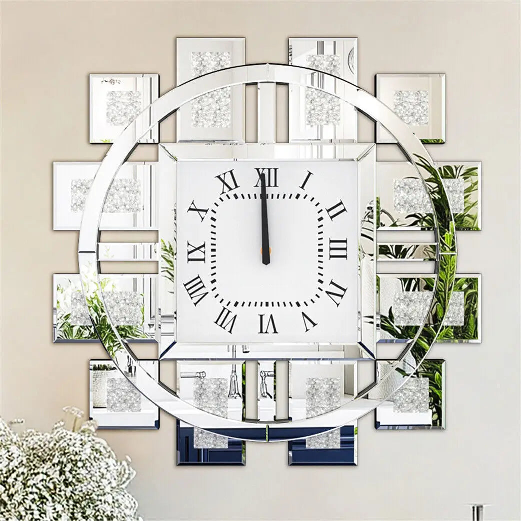 Wall Clock With Crushed Diamond Beveled Mirror Frame
