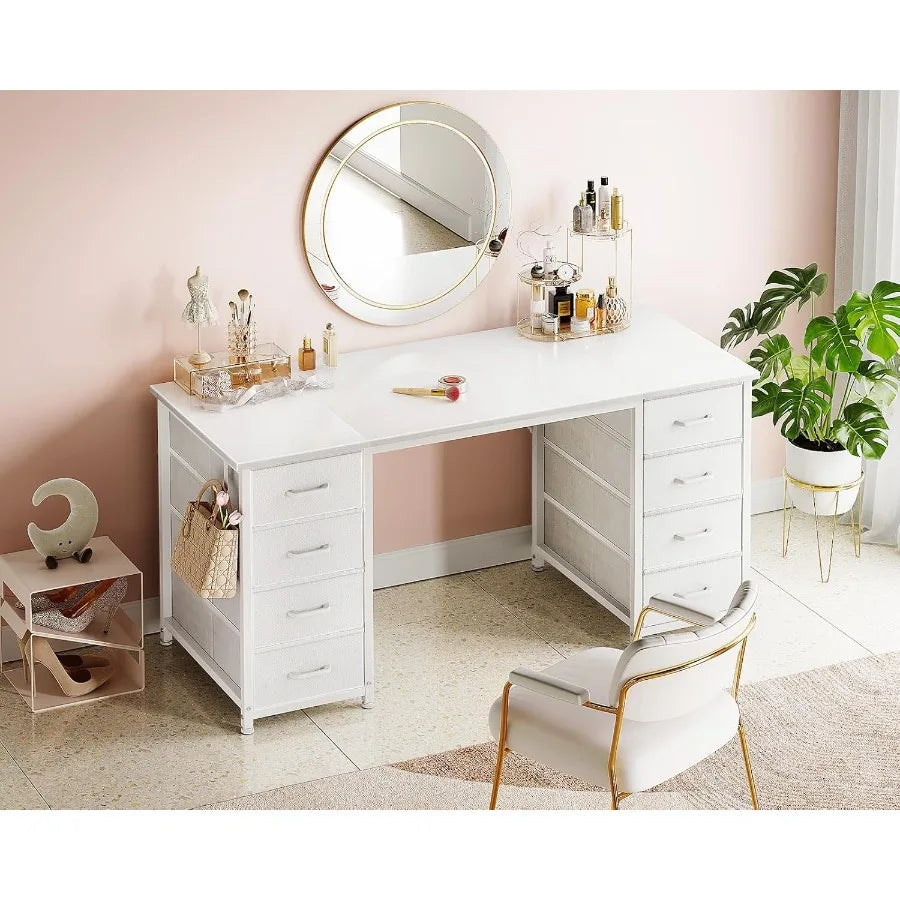 48 Inch White Computer Desk with 8 Fabric Drawers for Modern Home Office Study and Gaming Setup Featuring Large Storage Capacit