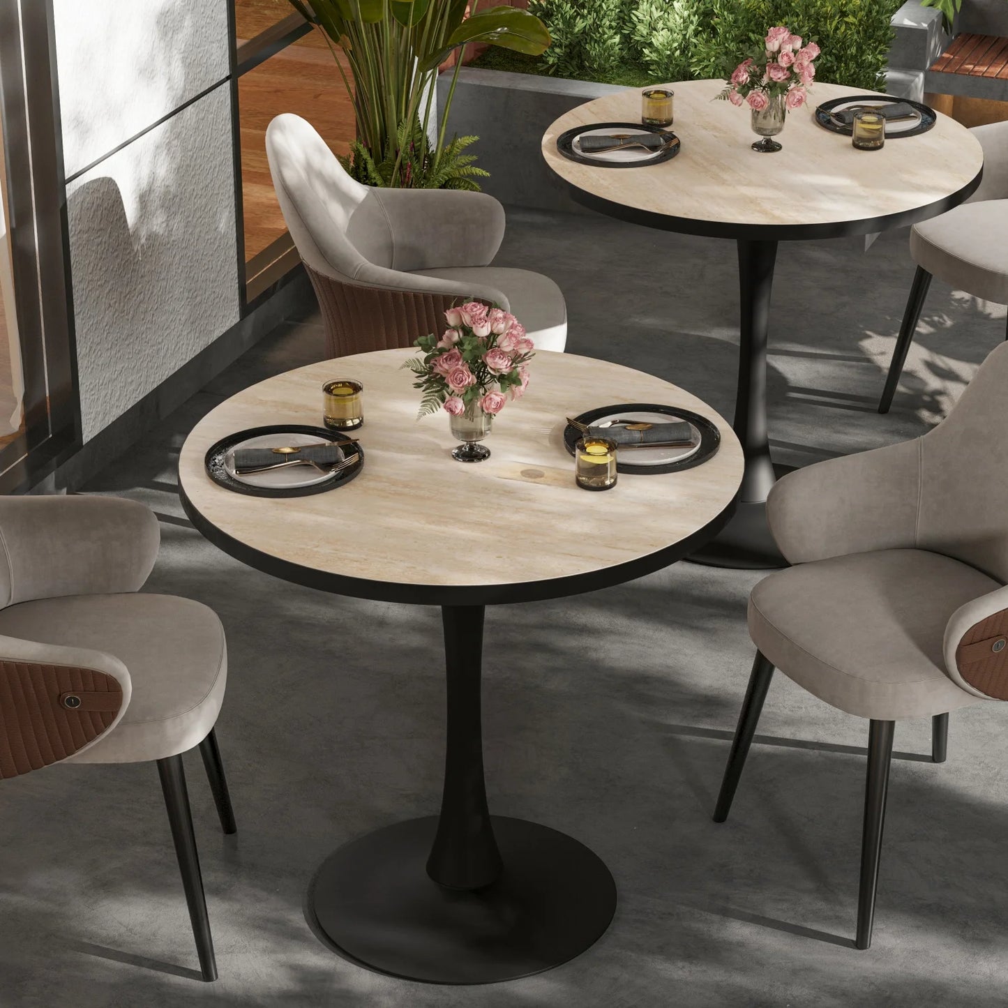 Leisure Round Dining Table Dining Room Circle Dinner Pedestal Table Furniture Coffee Table for 2-3 People No Chairs Stone Top