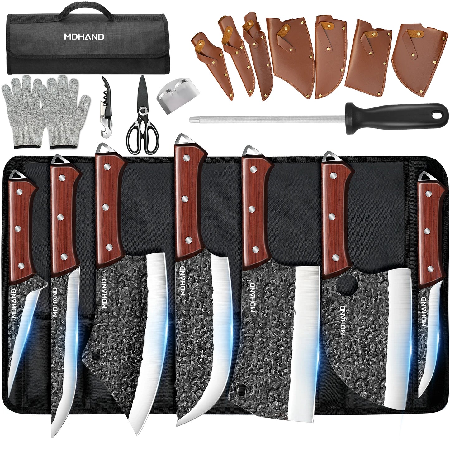 MDHAND 14 Piece Meat Cleaver Knife Set With Roll Bag