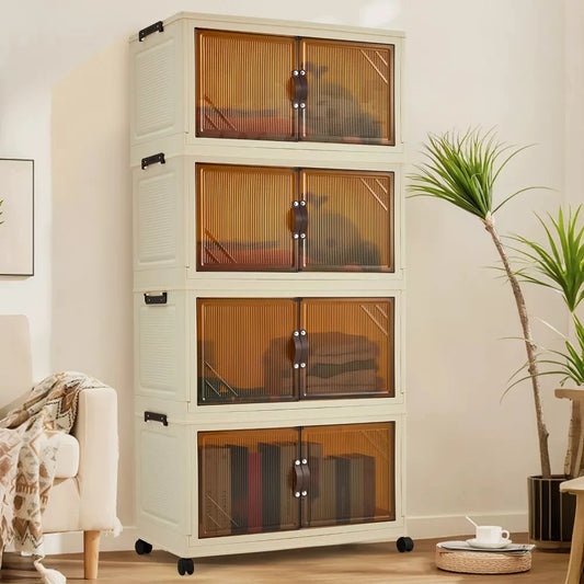 3/4/5-Tier Foldable Storage Cabinet with Lids & Wheels, Stackable Plastic Organizer for Closet, Bedroom, Office & Kitchen
