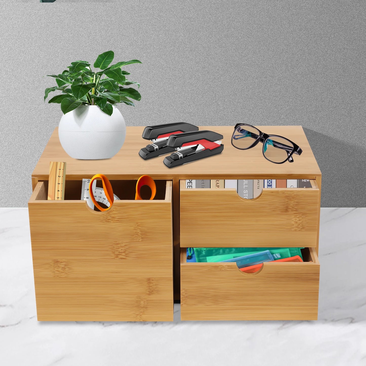 NONECN Bamboo Desk Organizer 3 Drawer Storage Box For Office