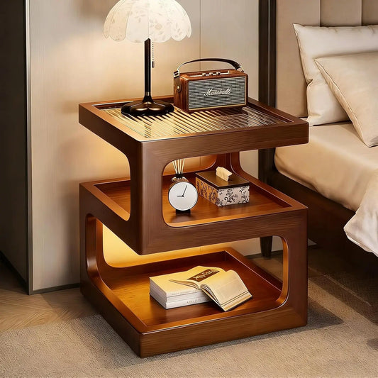 Solid Wood Nightstand with LED Light, Modern 3 Tier Bedside Table with Open Storage, Small Side Table for Bedroom, Customized