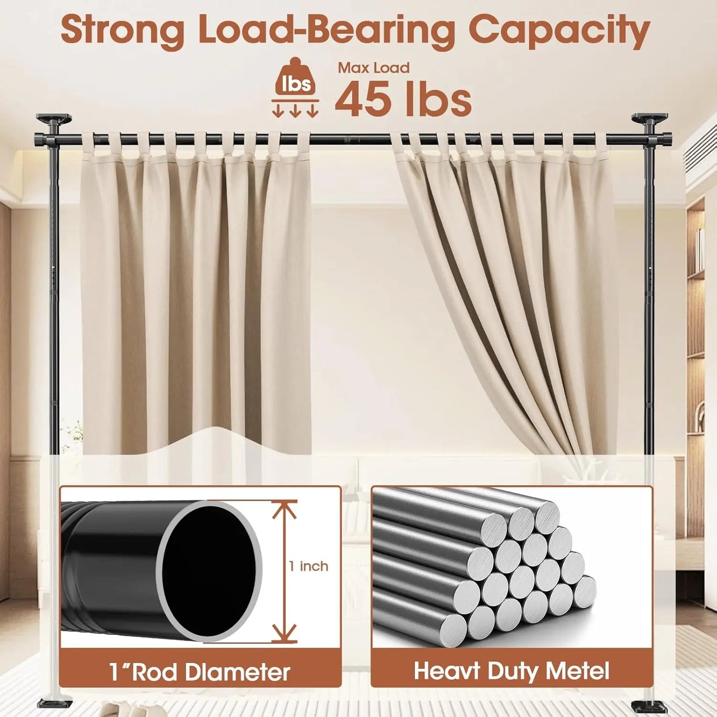 Adjustable No-Drill Room Divider Rod, 4-10ft Height, 28-70in Width, Heavy Duty for Space Partition