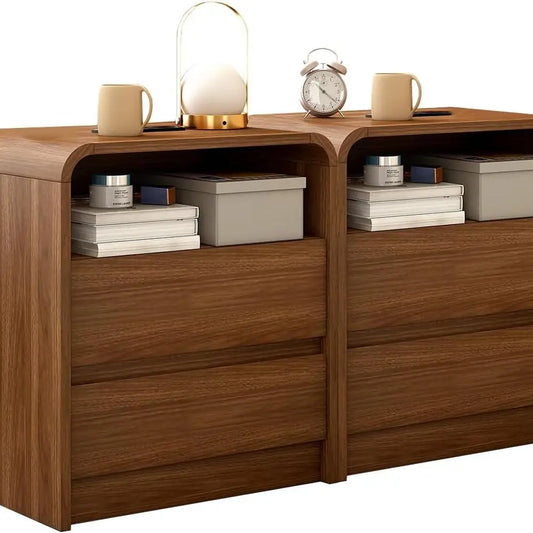 Set of 2 Walnut Nightstands, 21 Wide with Charging Station, Modern Bedroom End Tables, Anti-Collision Design for Dorm or Office
