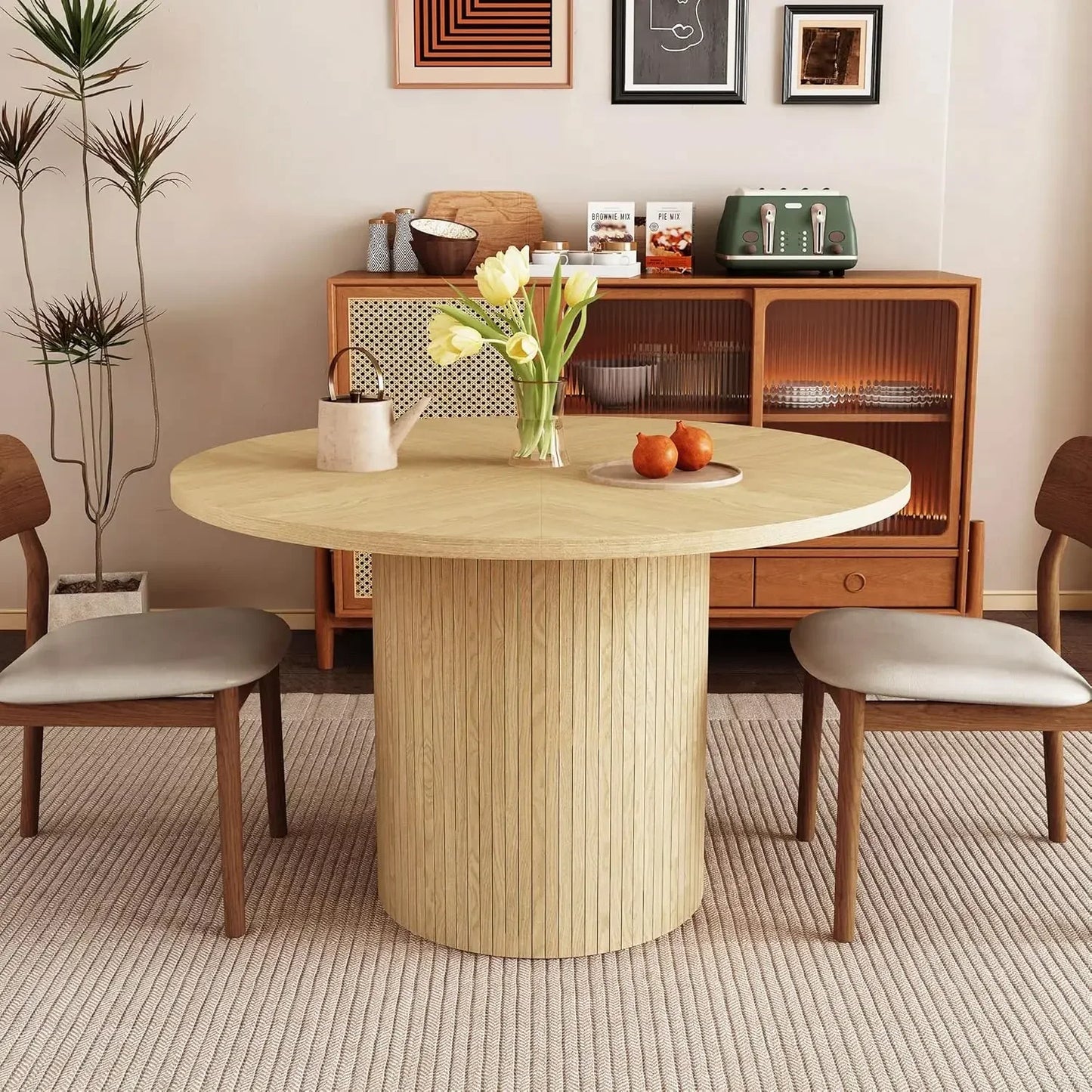 Modern Farmhouse Round Dining Table Wood Slat Base Seats Four