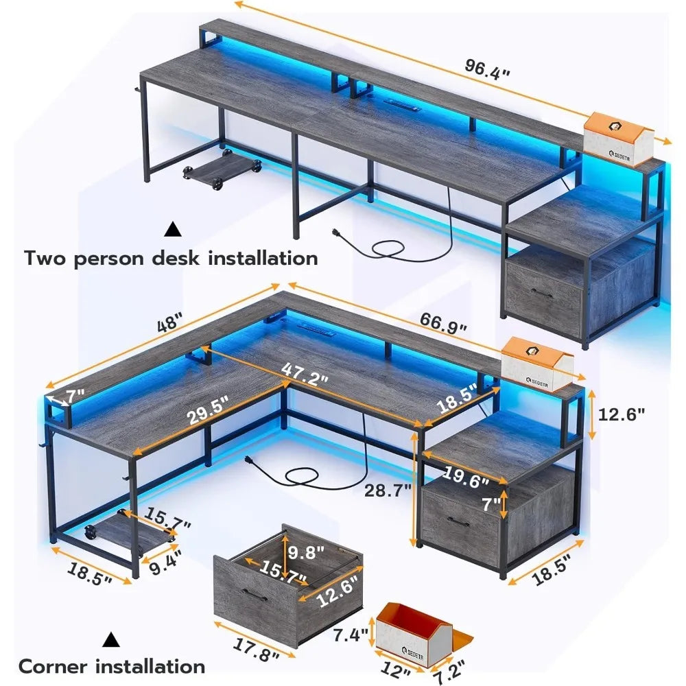 Office Desk with Wood File Drawer & Power Outlet,Gaming Desk with Led Lights,Corner Computer Desk with Monitor Shelf,Customized