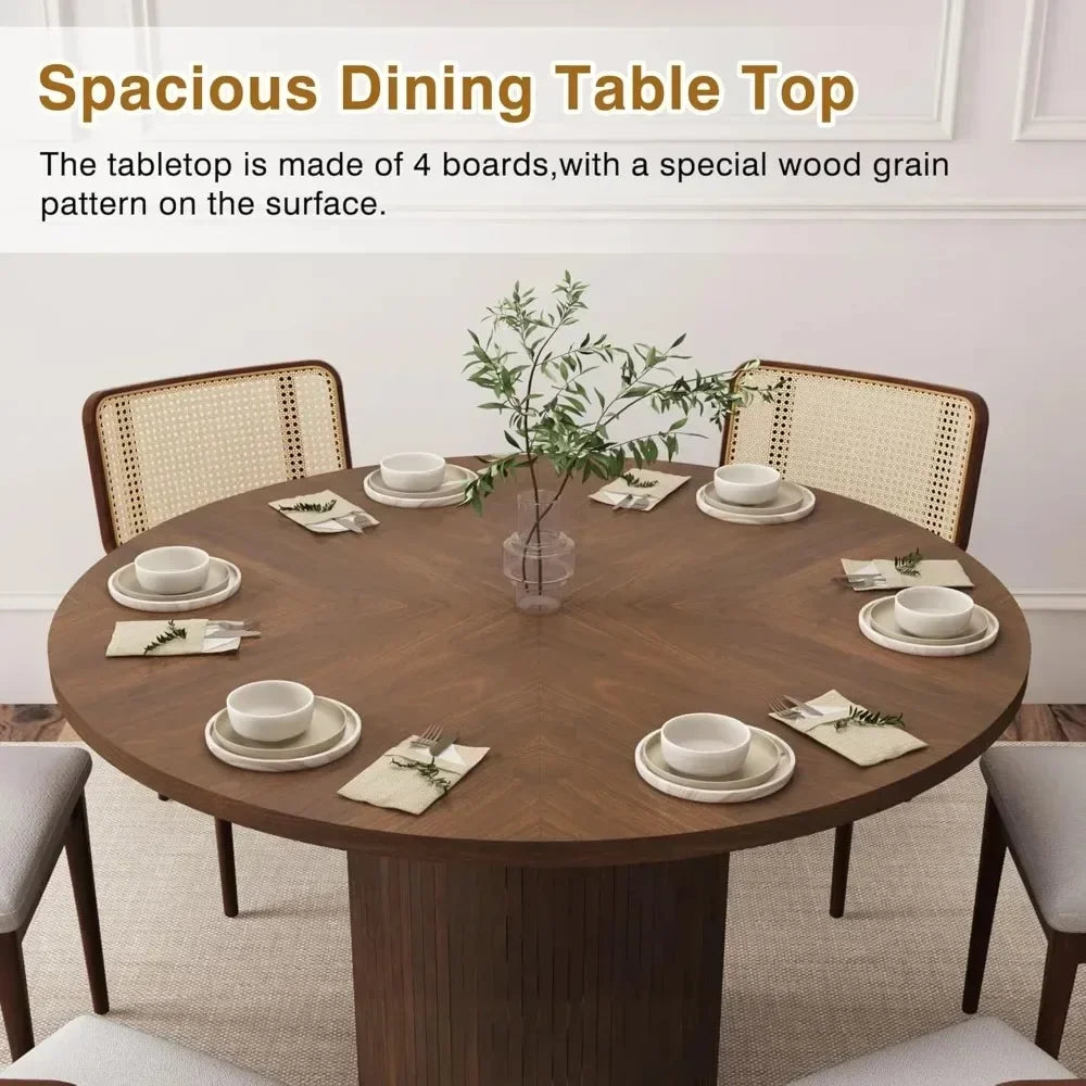 Modern Farmhouse Round Dining Table Wood Slat Base Seats Four