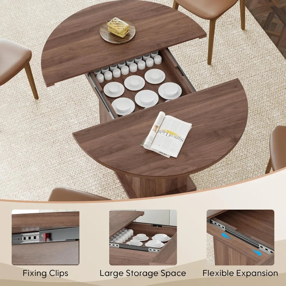 Extendable Round Dining Table With Storage Shelf For 4 To 8