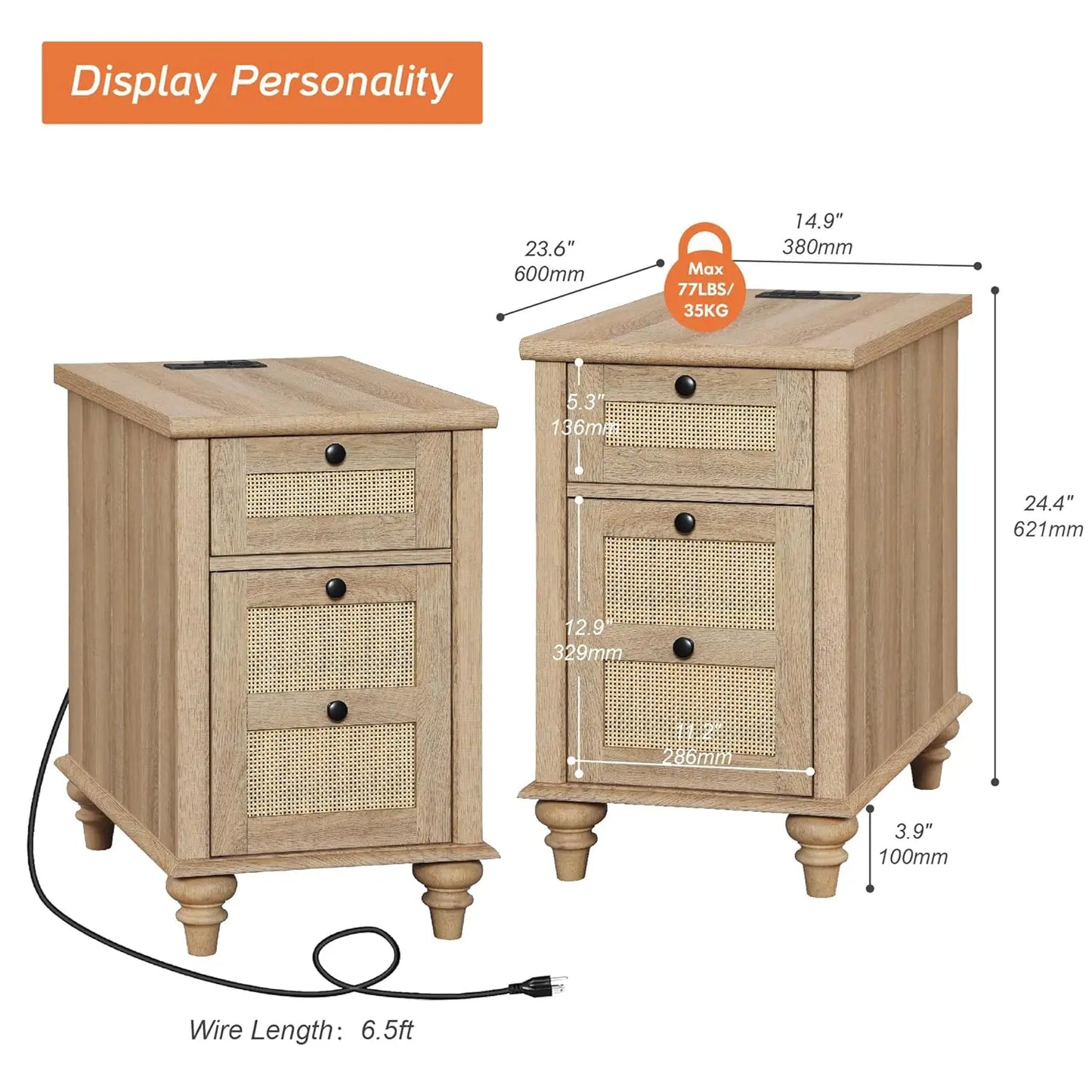 HUANZHUANG End Tables With Charging Station And Rattan Drawer Cabinet