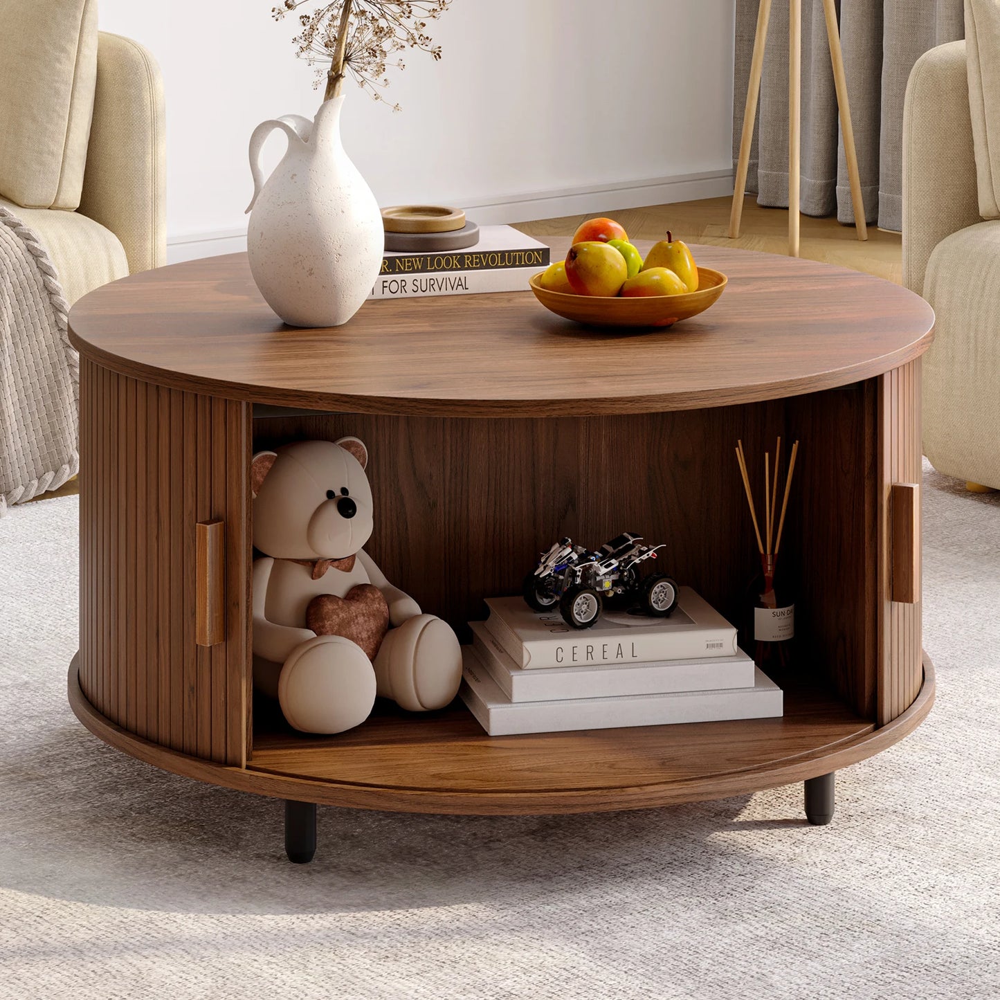 ONBRILLE Round Coffee Table With Storage And Fluted Wood Accent