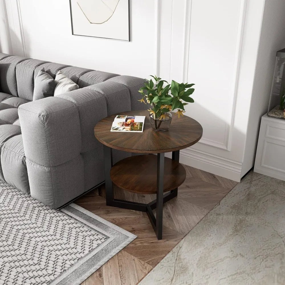 Round Side Table, Large 2-Tier End Table Nightstand with Metal Legs, Modern Bedside Couch Table for Living Room, Bedroom, Offic