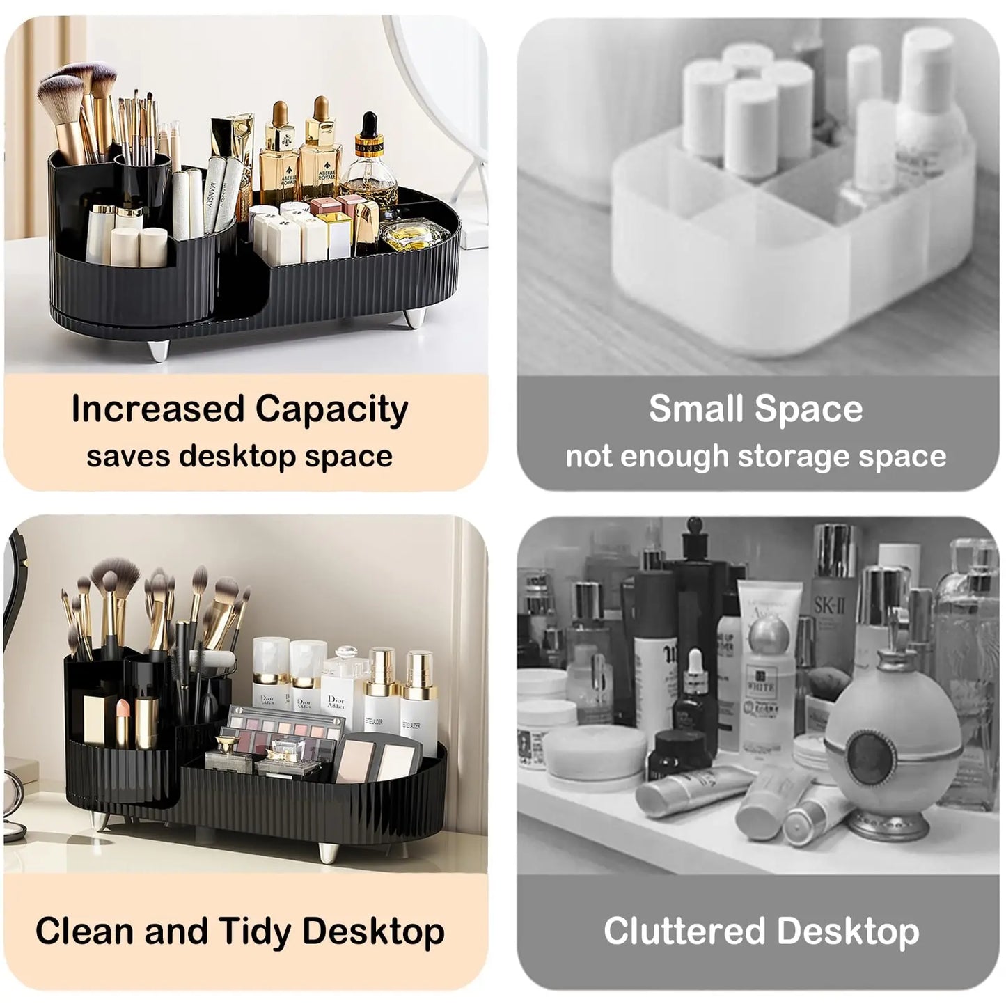 Rotating Makeup Organizer With Brush Holder For Vanity Storage